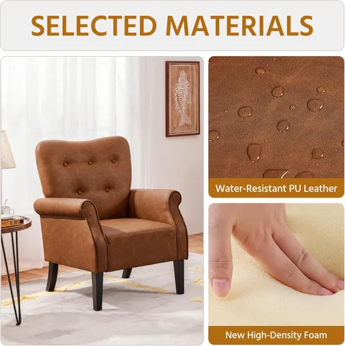 Miniatura 5 de Yaheetech - Sillón moderno, silla decorativa de cuero sintético PU estilo mediados del siglo XX con patas de madera resistentes y respaldo alto