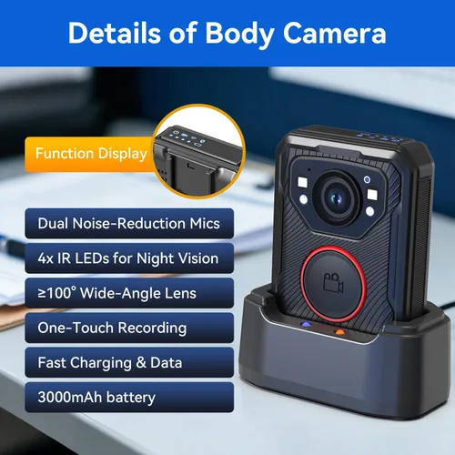 Miniatura 4 de Cámara de cuerpo de policía, 1080P HD cámara desgastada, 64G e IP68, cámara corporal habilitada para GPS con aplicación, batería de 12 horas, visión