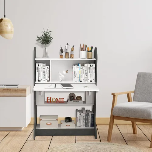 Miniatura 7 de Pmnianhua Escritorio de pared plegable, escritorio de pared extraíble que ahorra espacio con estante de almacenamiento, mesa de estudio, escritorio