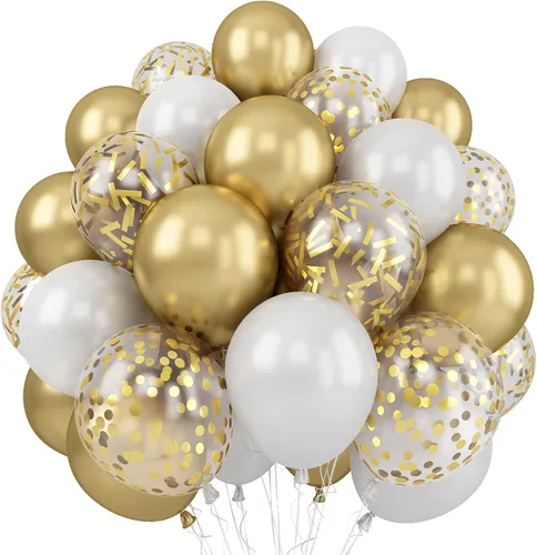 Globos blancos y dorados, paquete de 60 globos de 12 pulgadas de oro metálico, globos de látex perla blanca y globos de confeti dorados para Oro