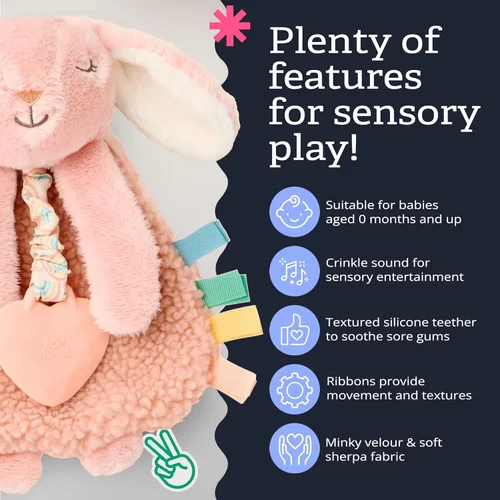 Miniatura 3 de Itzy Ritzy - Itzy Lovey incluye mordedor - Baby Lovey con mordedor, cintas texturizadas y brazos colgantes - Cuenta con sonido arrugado, tela Sherpa