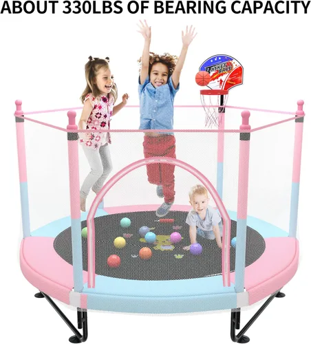 Miniatura 7 de Trampolín de 5 pies para niños pequeños con red de seguridad, mini aro de baloncesto, tapete de salto para equipo de entretenimiento en el hogar
