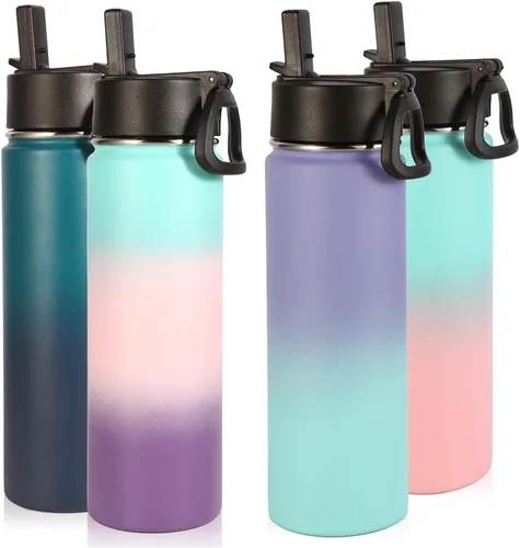 Volhoply Botellas de agua aisladas con popote a granel, paquete de 4, botella deportiva de acero inoxidable de 22 onzas con tapa, vasos de agua de