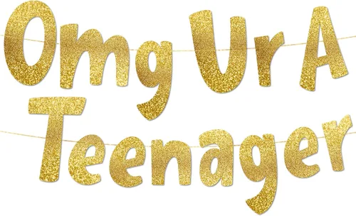 Miniatura 9 de Cartel OMG con purpurina negra Ur A Teenager pre-encordado, decoraciones de cumpleaños número 13 para niños y niñas, suministros y regalos