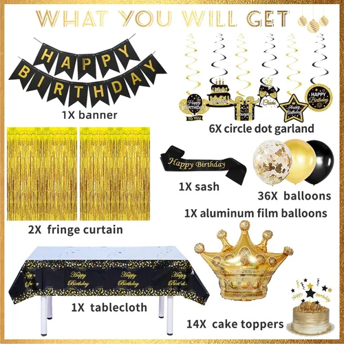 Miniatura 3 de Decoraciones de cumpleaños en negro y dorado para hombres y mujeres, decoraciones de fiesta en negro y dorado incluyen corona, remolinos colgantes