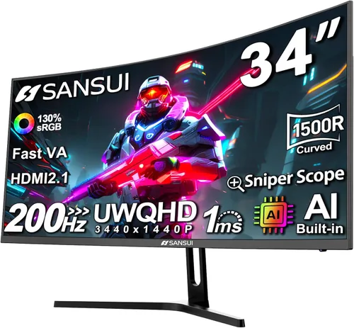 SANSUI Monitor curvo para juegos de 34 pulgadas UWQHD 3440 x 1440 hasta 165Hz Curvo 1500R - PIP/PBP, 1ms (MPRT), HDR, 300nits, sRGB 125%, DCI-P3
