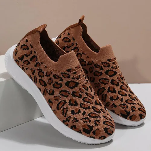 Miniatura 6 de Tenis de moda con estampado de leopardo para mujer, parte superior de malla elástica, transpirables, cómodos y ligeros, mocasines y sin cordones