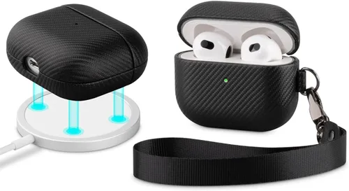 Miniatura 10 de LOPIE Funda compatible con AirPods 3 (lanzado en 2021), funda de cuero vegano estilo fibra de carbono con kit de clip y limpiador, funda protectora