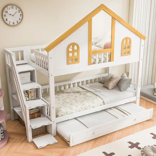 Miniatura 26 de JIVOIT Litera de madera con diseño de techo y ventanas, litera individual sobre individual con nido y escalera integrada para niños, adolescentes