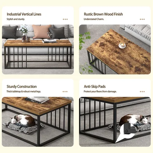 Miniatura 5 de FOLUBAN Mesa de café, moderna mesa de sala de estar de madera y metal, mesa de té rectangular industrial, marrón rústico, 43.3 pulgadas