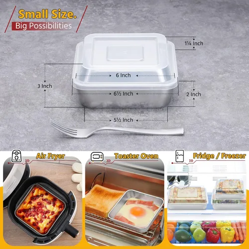 Miniatura 2 de E-far Juego de sartenes para hornear cuadradas de 6 x 6 pulgadas con tapa, bandejas pequeñas de acero inoxidable para pastel y brownie para horno
