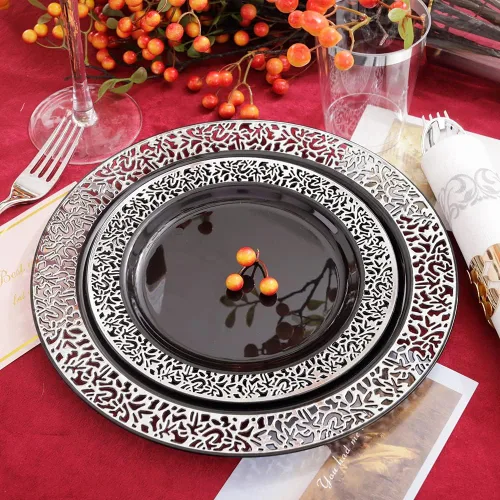 Miniatura 4 de LIYH 350 platos de plástico negro y plateado, juego de vajilla de plástico plateado, cubiertos desechables, platos negros con servilletas, 350