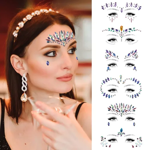 Miniatura 5 de AOMIG Gemas faciales con purpurina, 6 calcomanías de diamantes de imitación para cara, joyas de cara de sirena, lágrimas de cristal, piedras B