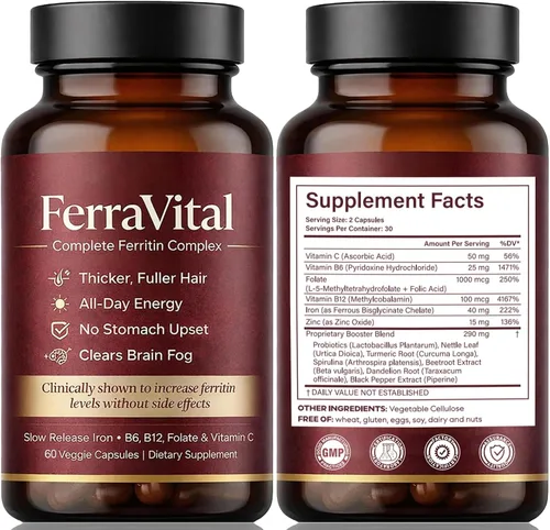 Miniatura 2 de Suplemento de hierro de apoyo de ferritina para mujeres, soporta niveles saludables de hierro y energía, con glicina ferrosa, vitamina C, B12, B6