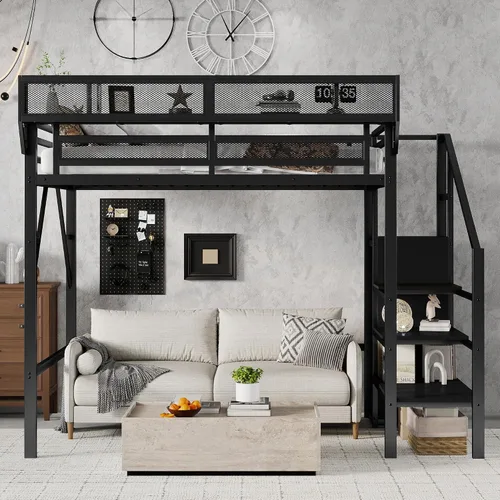 Miniatura 3 de KEIKI Base de cama de metal tamaño individual con escalera convertible, estantes de almacenamiento integrados y armario, cama alta con listones