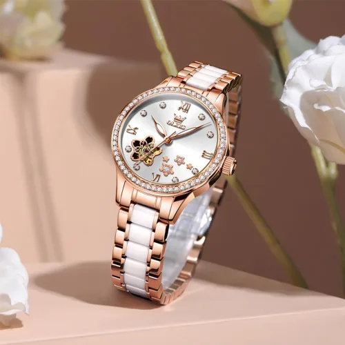 Miniatura 6 de OLEVS Relojes para mujer, reloj automático de lujo, correa de cerámica, oro rosa, reloj de pulsera para mujer
