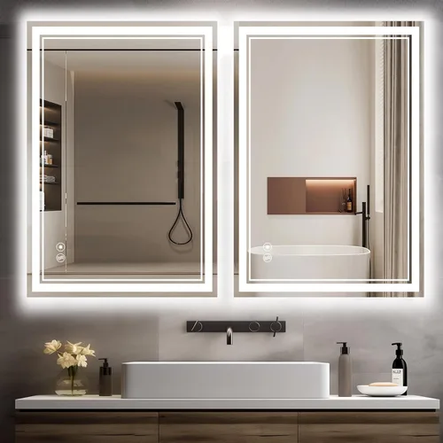 Miniatura 11 de Espejo LED de 48 x 28 pulgadas para baño, espejo de baño antivaho con luces regulables, 3 colores, luces delanteras y retroiluminadas, espejo