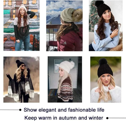 Miniatura 8 de IYEBRAO - Paquete de 2 gorros de invierno para mujer con pompones y forro polar suave y cálido