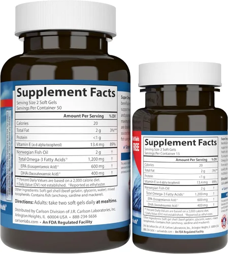 Miniatura 8 de Carlson - Gemas Super Omega-3, 1200 mg de ácidos grasos omega-3 con EPA y DHA, suplemento noruego capturado en la naturaleza, cápsulas de aceite