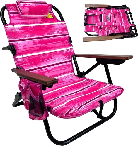 Miniatura 11 de EasyGo Product Mochila para silla de playa, 5 posiciones y bolsa para portavasos en el lateral, bolsa de almacenamiento de almohada acolchada