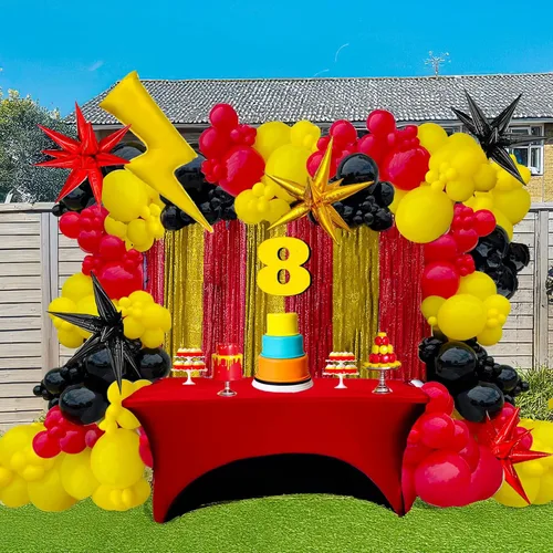 Miniatura 5 de Kit de arco de globos de atrapasueños de monstruos, 154 unidades, decoración de fiesta roja, amarilla y negra, con rayo y globos de papel