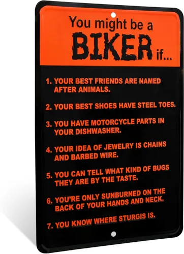 Cartel de pared de metal divertido vintage – You Might Be a Biker If – Póster retro de hojalata para hombre, accesorios de garaje de motocicleta,