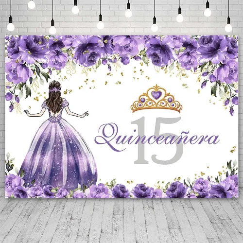 Miniatura 7 de Sendy Telón de fondo de quinceañera de 15 cumpleaños para niñas, vestido azul, corona de princesa, fondo de fotografía, flores azules y zapatos
