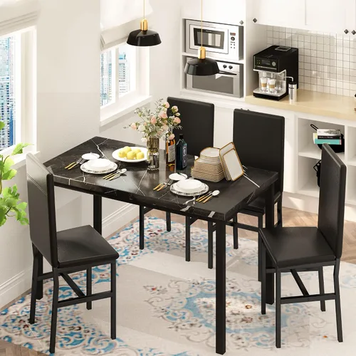 Miniatura 7 de Juego de mesa de comedor para 4, juego de comedor de mármol sintético de 5 piezas, 4 sillas tapizadas de poliuretano, muebles de mesa de cocina Negro