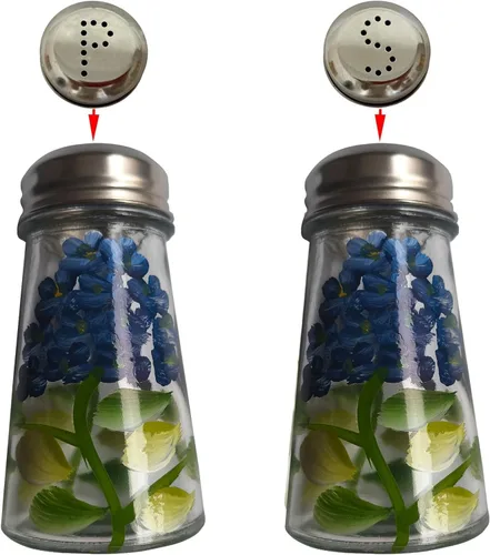 Ritadeshop Juego de salero y pimentero pintado a mano con tapas de acero inoxidable S y P (hortensias azules)