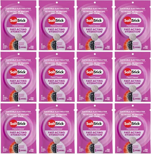 SaltStick Electrolyte FastChews - 120 unidades de sabor mixto de bayas - Tabletas de electrolitos masticables para hidratación, tabletas de sal - 10