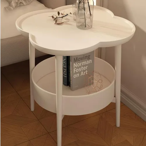 Miniatura 5 de Mesa auxiliar para sala de estar, mesa auxiliar pequeña en forma de flor, mesita de noche, mesa auxiliar para sofá, mesa auxiliar con cesta de Blanco