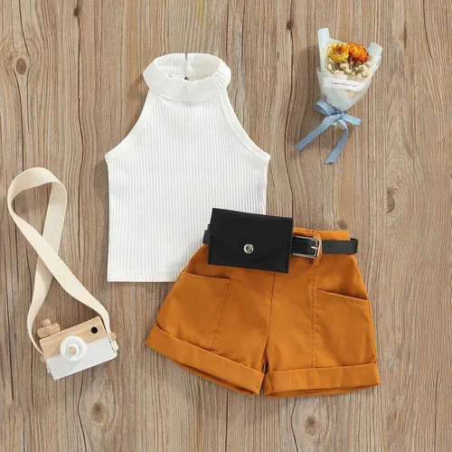 Miniatura 3 de TheFound Trajes de verano para niñas pequeñas, sin mangas, de punto acanalado, halter, pantalones cortos, ropa para recién nacidos, conjunto de 3