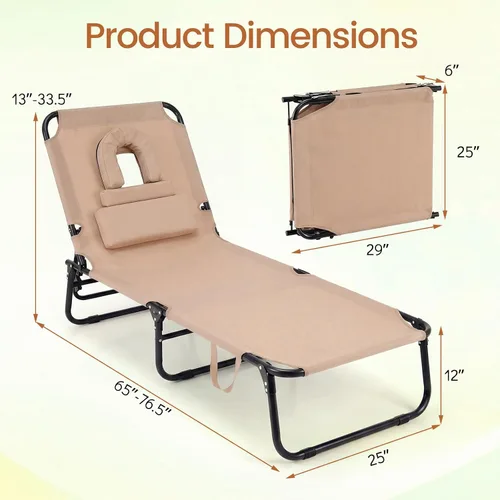 Miniatura 3 de COSTWAY Silla de bronceado con agujero facial, almohadas y respaldo ajustable de 4 posiciones, portátil con bolsa de transporte, tumbona de playa