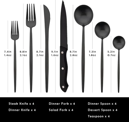 Miniatura 2 de Juego de cubiertos de 28 piezas con cuchillos para carne, cubiertos de acero inoxidable 18/8, juego de cubiertos modernos para 4 tenedores de Negro