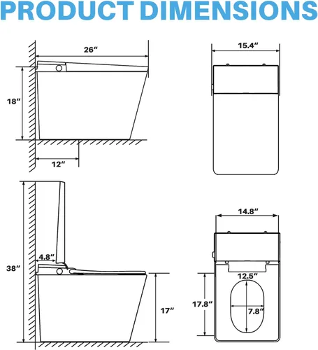 Miniatura 8 de WinZo Inodoro inteligente con tanque incorporado, altura cómoda cuadrada de una pieza con bidé de agua tibia, descarga de pies, inodoro inteligente