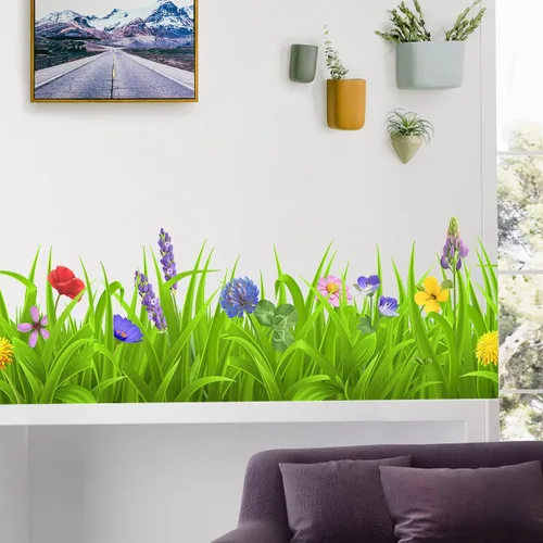 Pegatinas de pared de plantas verdes frescas, calcomanías de zócalo, hojas verdes, flores coloridas, calcomanías de pared DIY Murales extraíbles de
