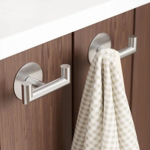 Miniatura 7 de GWAAZXGZ Paquete de 2 ganchos de baño de níquel cepillado para toallas, ganchos dobles autoadhesivos para pared, sin taladrar, acero inoxidable 304
