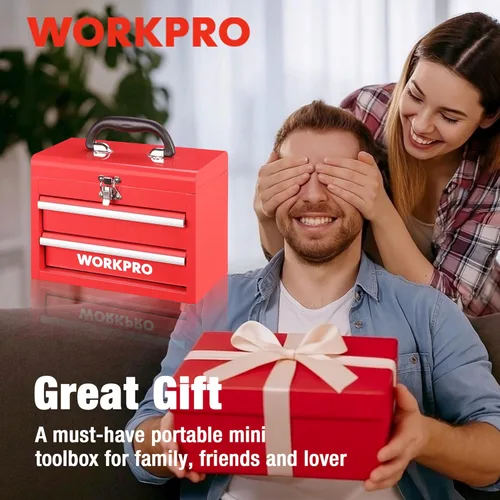 Miniatura 8 de WORKPRO Caja de herramientas portátil mini, caja de herramientas metálica con 2 cajones y rodamientos de bolas, almacenamiento superior con cierre