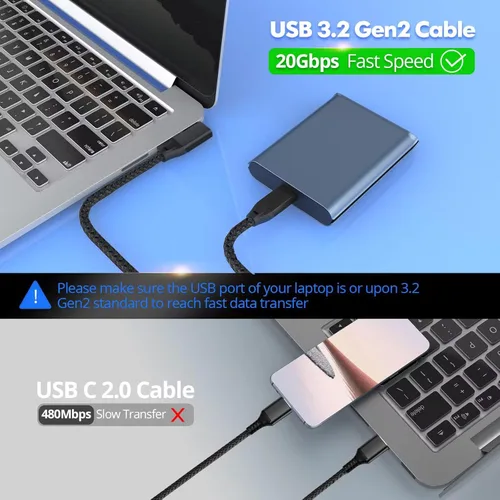 Miniatura 4 de UseBean Cable USB C a USB C de 100 W, 6.6 pies (paquete de 2), USB 3.2 Gen2 Gen2x2 de ángulo recto de transferencia de datos de 20 Gbps y carga