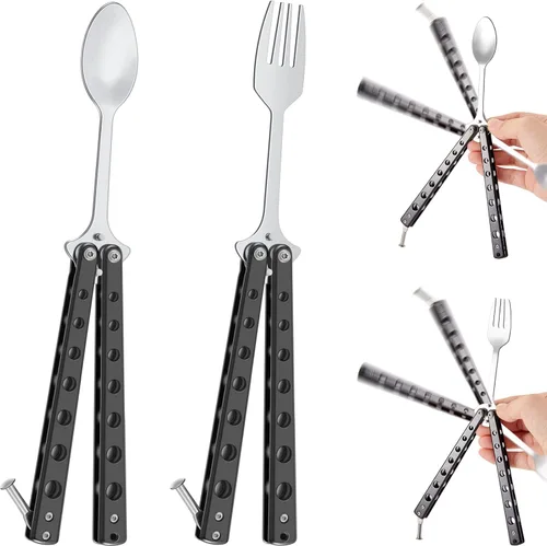 Flutesan Juego de 2 Piezas de Tenedor y Cuchara Mariposa, Cuchara Táctica Mariposa Plegable de Acero Inoxidable Conjunto de Utensilios Spork
