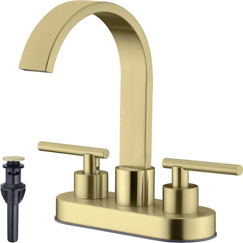 TRUSTMI Grifo de baño central de 4 pulgadas, oro cepillado, boquilla de cascada de alto flujo para fregaderos profundos, giro de 360°, montaje en