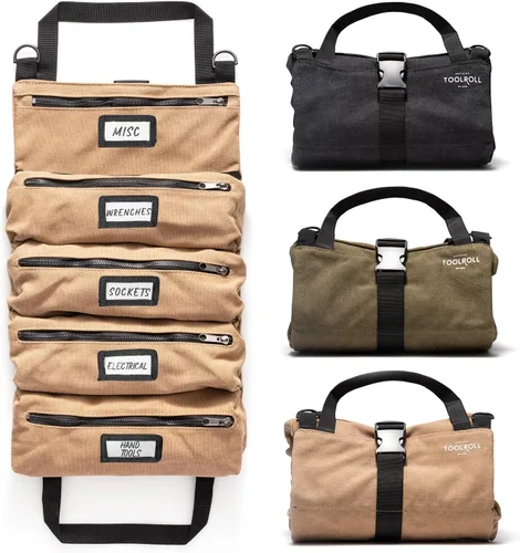 Miniatura 11 de Bolsa enrollable de herramientas oficial Voyager – Bolsa enrollable de 5 bolsillos fácil de transportar – Lona duradera de 20 onzas, cremalleras YKK