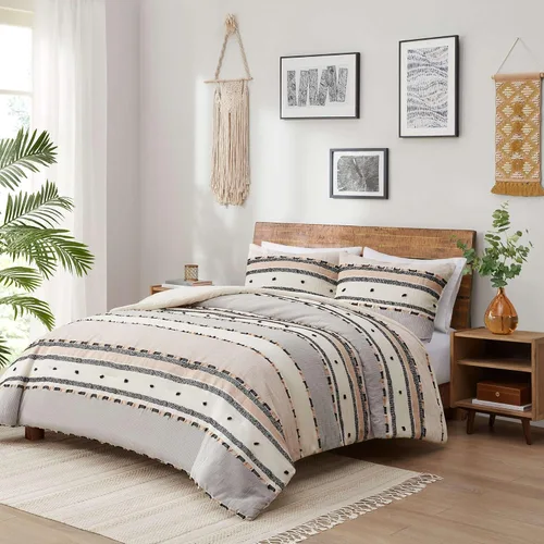 Miniatura 3 de Hyde Lane Juego de edredón bohemio tamaño Queen, ropa de cama moderna tamaño Full estilo casa de campo, parte superior de algodón con rayas jacquard