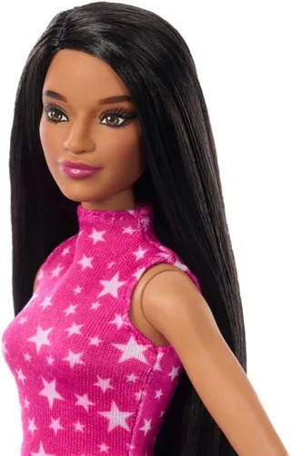 Miniatura 3 de Muñeca Barbie Fashionistas #215 con pelo liso negro, top estampado de estrellas rosas y falda iridiscente, juguete coleccionable del 65 aniversario