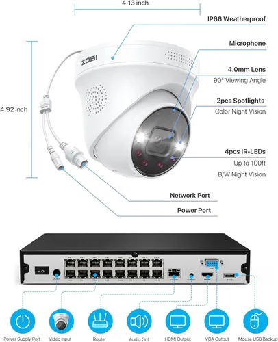 Miniatura 8 de ZOSI Sistema de cámara de seguridad PoE de 32 canales 4K, 8 cámaras IP PoE para interiores y exteriores de 8 MP, detección de vehículos personales
