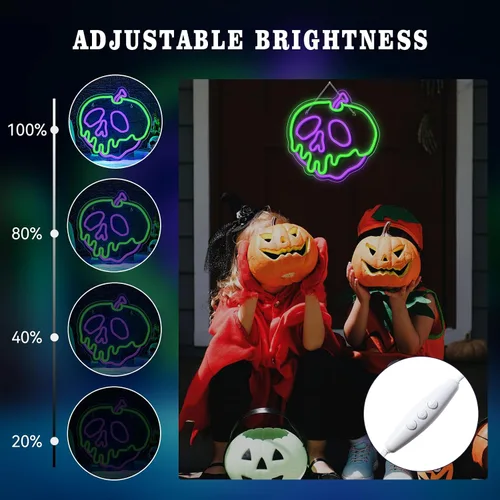 Miniatura 5 de WLHOPE Letrero de neón de Halloween regulable con calavera, manzana, para decoración de pared, luces LED de Halloween, conectividad USB, luces LED