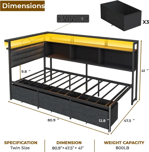 Miniatura 2 de OURPIC Marco de cama esquinero con estantería de almacenamiento y luces LED, marcos de cama de tamaño individual con cabecera tapizada y estación