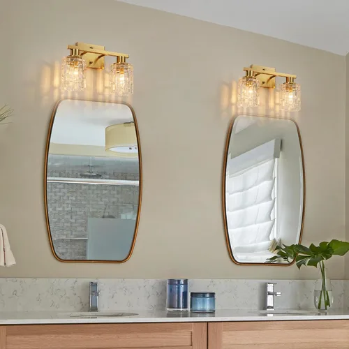 Miniatura 3 de 2 luces de tocador de baño de oro cepillado sobre el espejo, iluminación moderna de tocador con pantalla de cristal de cristal, accesorios
