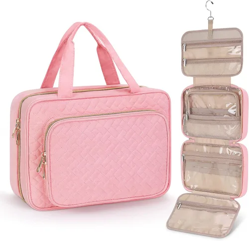 Miniatura 8 de Bolsa de aseo Wedama para mujer, bolsa de viaje grande para cosméticos, bolsa de aseo colgante para baño, bolsa de maquillaje impermeable de PVC Rosa