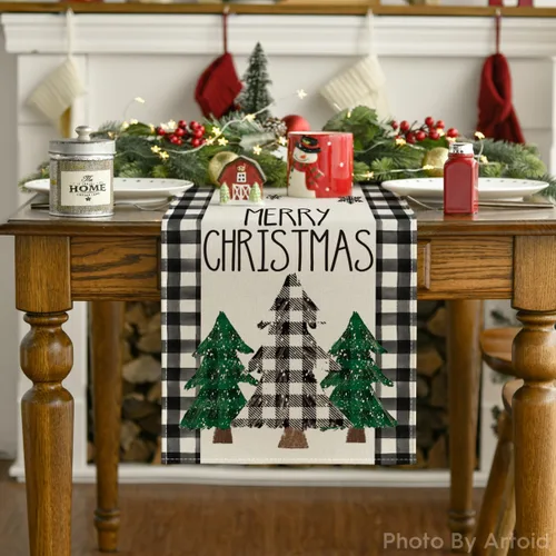 Miniatura 7 de Artoid Mode Camino de mesa de Navidad de búfalo blanco y negro, pinos, Navidad, Navidad, cocina, comedor, decoración para decoración de fiesta